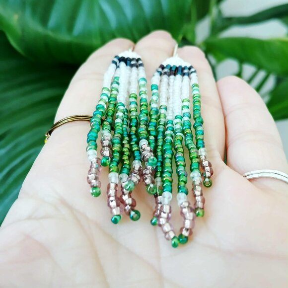 Boho Chic Seed Bead Fringe Tassel Dangle Earrings, Artisan Handmade Jewelry 3.5" - Picture 9 of 10